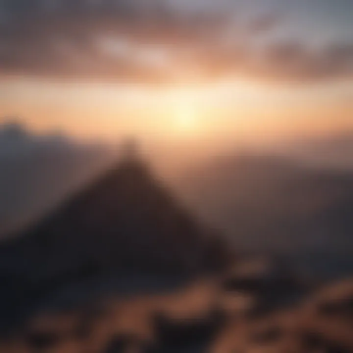 Silhouette of a person standing atop a mountain peak at sunrise