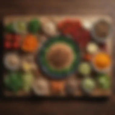 Healthy and colorful meal ingredients neatly arranged on a wooden board