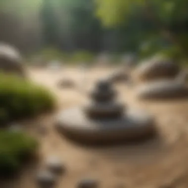 Depiction of self-care through a serene Zen garden with balanced rocks and raked sand