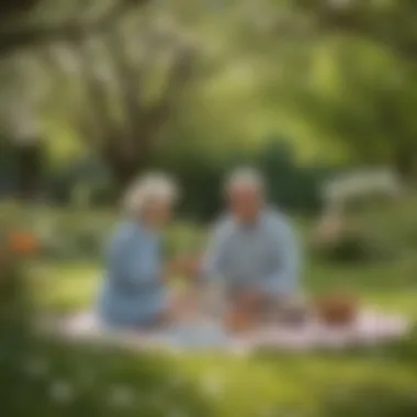 Senior couple enjoying a picnic in a blooming spring garden