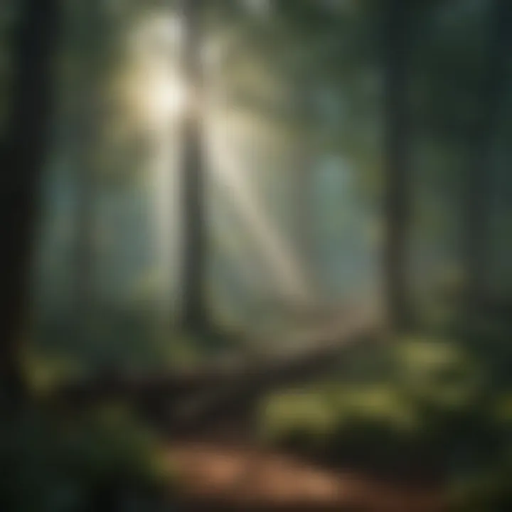 Illustration of a serene forest setting with a beam of light shining through the trees