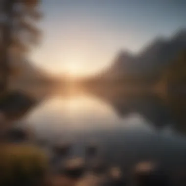 A serene sunrise over a tranquil mountain lake