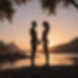 Silhouette of two figures embracing in a serene setting