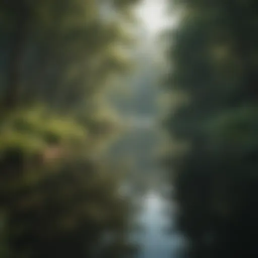 A serene landscape showcasing a tranquil lake surrounded by lush greenery