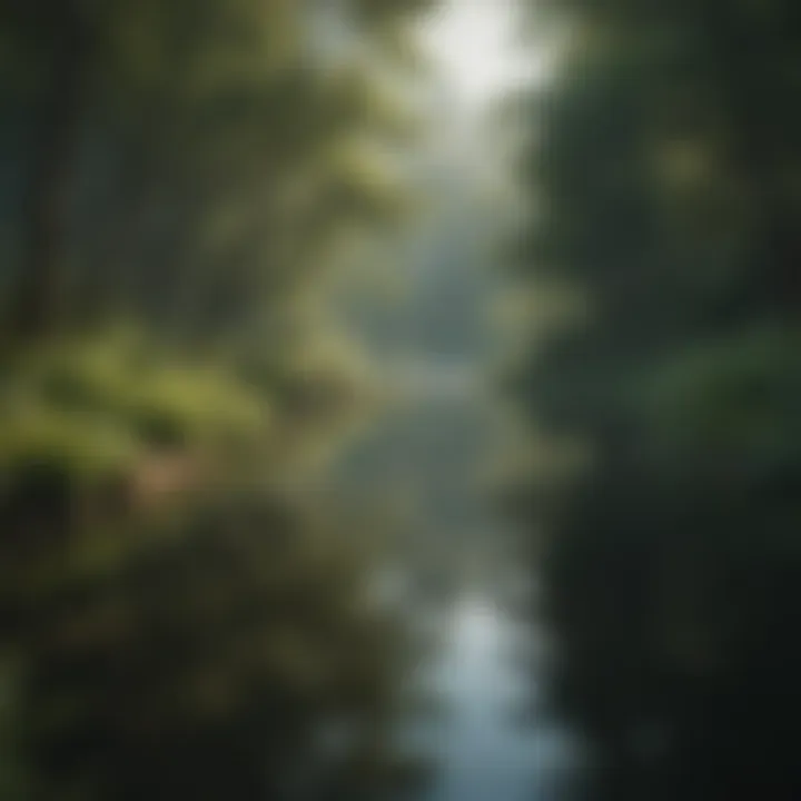 A serene landscape showcasing a tranquil lake surrounded by lush greenery