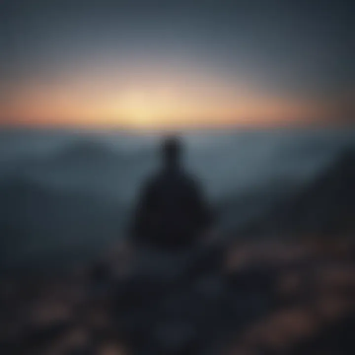 Silhouette of person in deep contemplation on mountain top