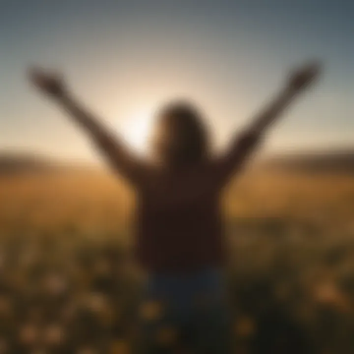 Silhouette of a person facing the sun with arms wide open in a field of flowers