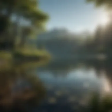 Tranquil Lake for Mindful Relaxation A serene landscape featuring a tranquil lake surrounded by lush greenery