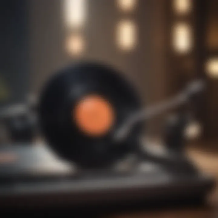 A close-up of a vinyl record spinning on a turntable, symbolizing the joy of music