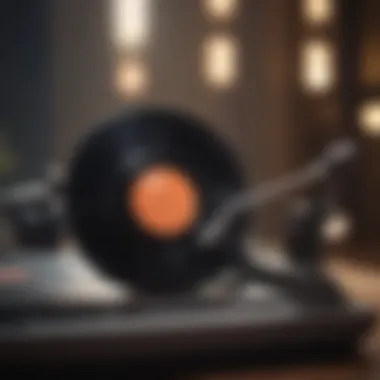 The Joy of Music on Vinyl A close-up of a vinyl record spinning on a turntable, symbolizing the joy of music