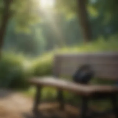 Nature's Serenade: Music for Stress Relief Soothing nature scene with headphones on a bench, illustrating the calming effect of music in reducing stress