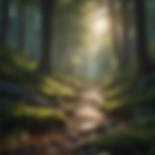 Tranquil forest with sunlight filtering through trees