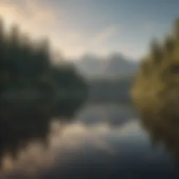 A serene landscape with a tranquil lake reflecting the sky