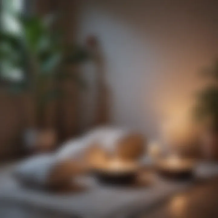 Close-up of a serene meditation space with cushions and candles