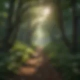 Tranquil nature scene with soft sunlight filtering through trees