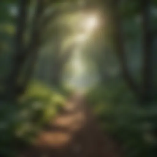 Tranquil nature scene with soft sunlight filtering through trees