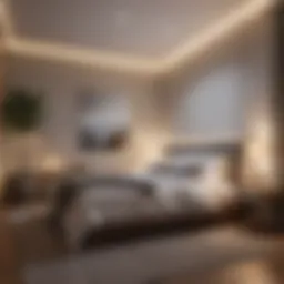 A serene bedroom environment with dim lighting and calming decor
