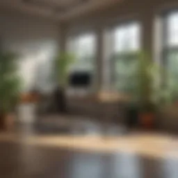 A serene office space with plants and natural lighting promoting tranquility.