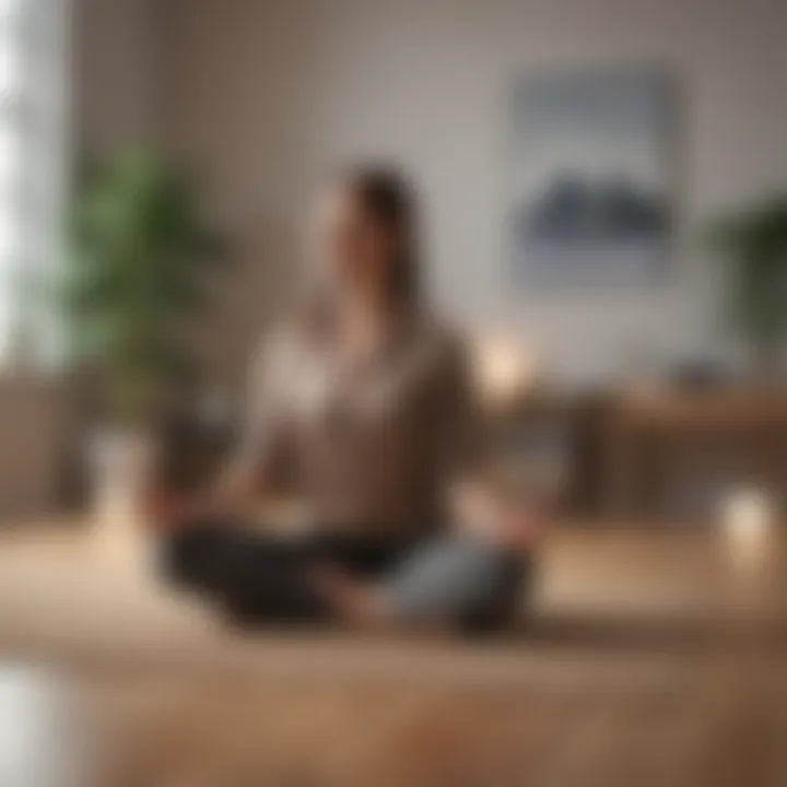 Woman practicing mindfulness meditation at a modern office