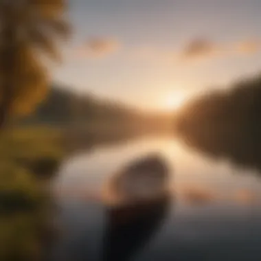 Sunset over a tranquil lake with a lone boat