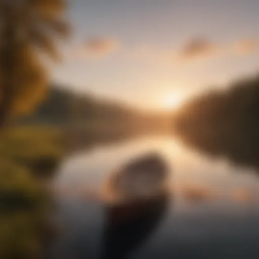 Sunset over a tranquil lake with a lone boat