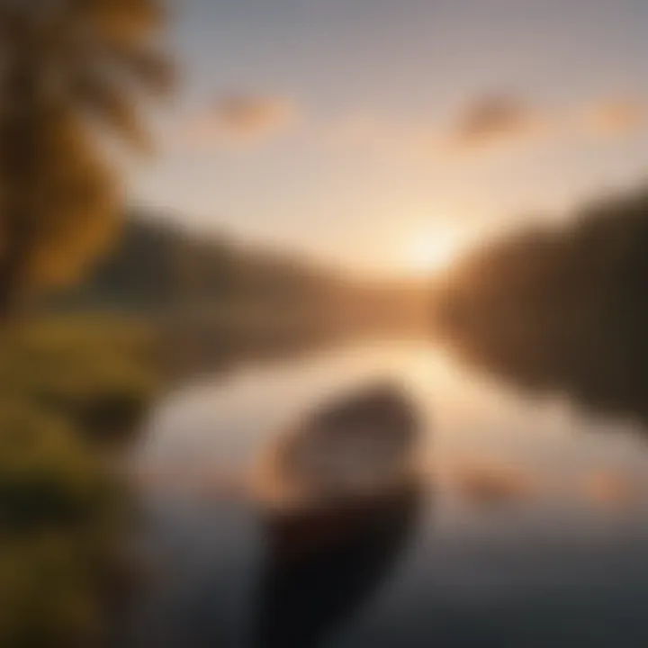 Sunset over a tranquil lake with a lone boat