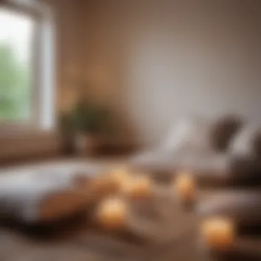 Close-up of a tranquil meditation space with candles and soft cushions