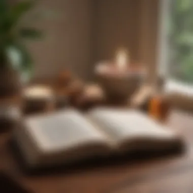 A close-up of an open book surrounded by meditation accessories