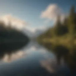 A serene landscape with a calm lake reflecting the sky, symbolizing inner peace.