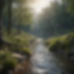 A serene landscape with musical notes floating in the air