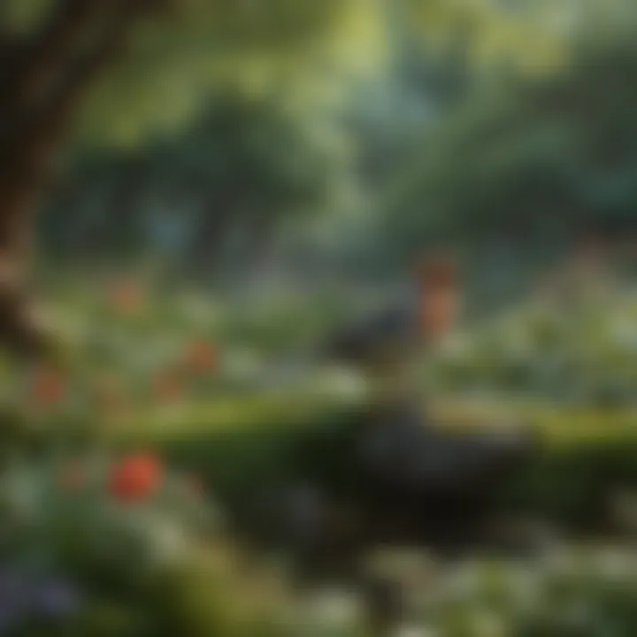 A peaceful garden setting with birds singing, illustrating the beauty of nature sounds.
