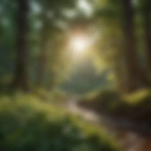 A serene forest landscape with sunlight filtering through the trees, symbolizing tranquility.