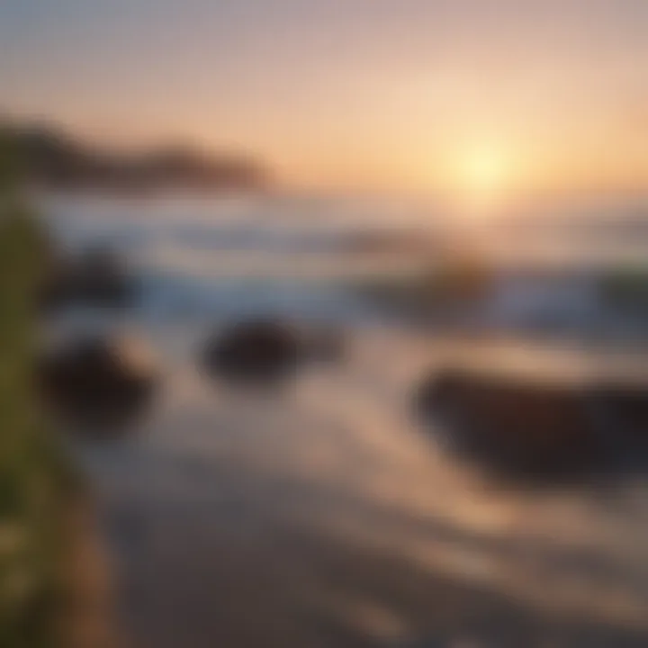 A serene landscape with soft waves and a calming sunset