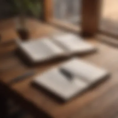 An open journal resting on a wooden table, with a pen beside it, inviting reflection.