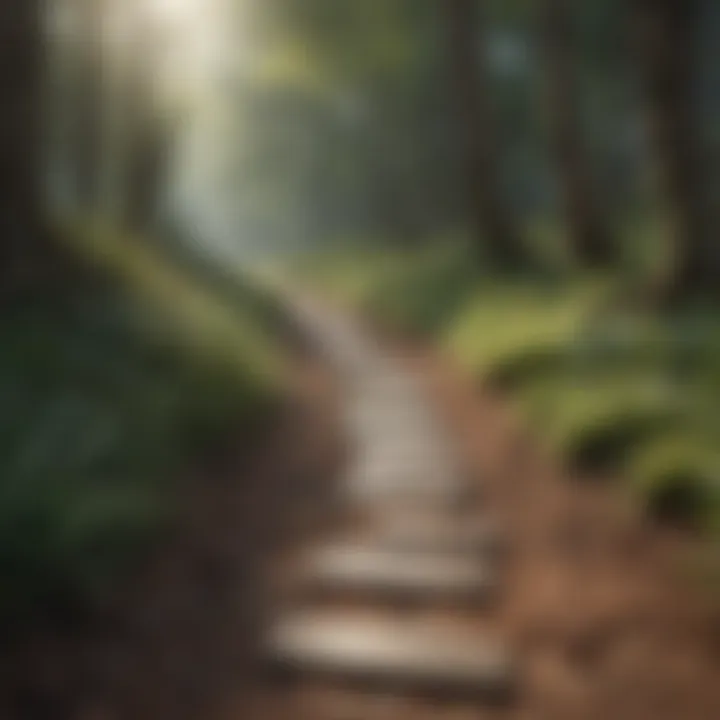 A serene landscape with a winding path leading into a tranquil forest.