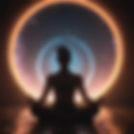 Silhouette of person meditating with glowing aura