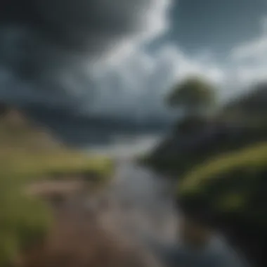 Serene Landscape with Hidden Tension A serene landscape with contrasting stormy clouds overhead, symbolizing hidden tension.
