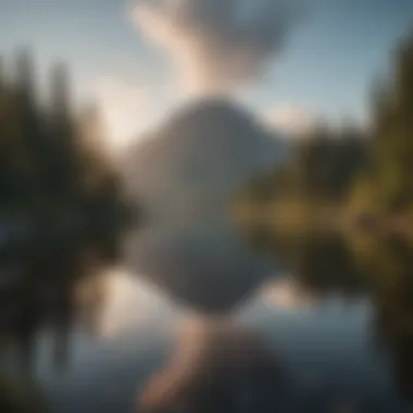 A serene landscape with a calm lake reflecting the sky