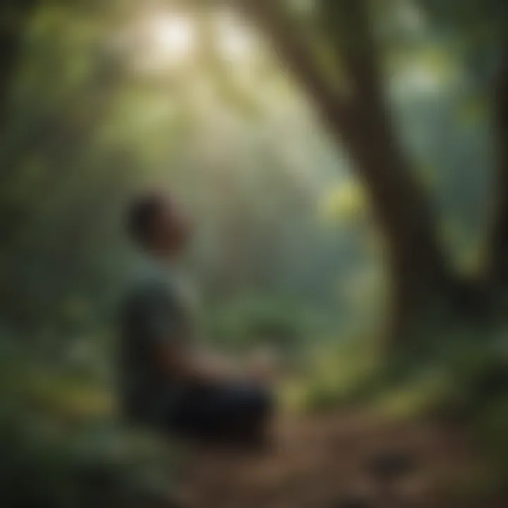 A person meditating in nature surrounded by greenery