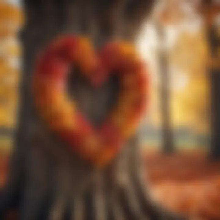 Vibrant autumn leaves forming a heart shape on a tree