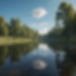 Visualize Success: A serene landscape with a peaceful lake reflecting the clear blue sky