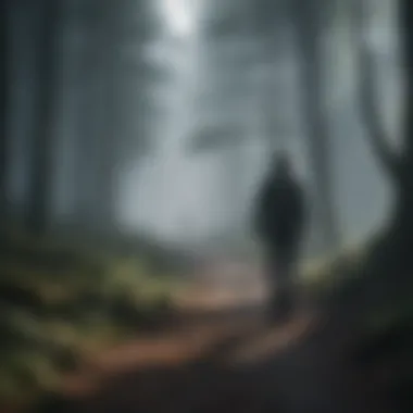 Person walking through misty forest