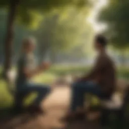 A serene park setting where individuals engage in conversation and activities.
