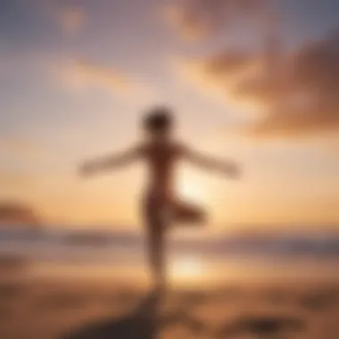 Illustration of a person practicing yoga on a serene beach at sunset