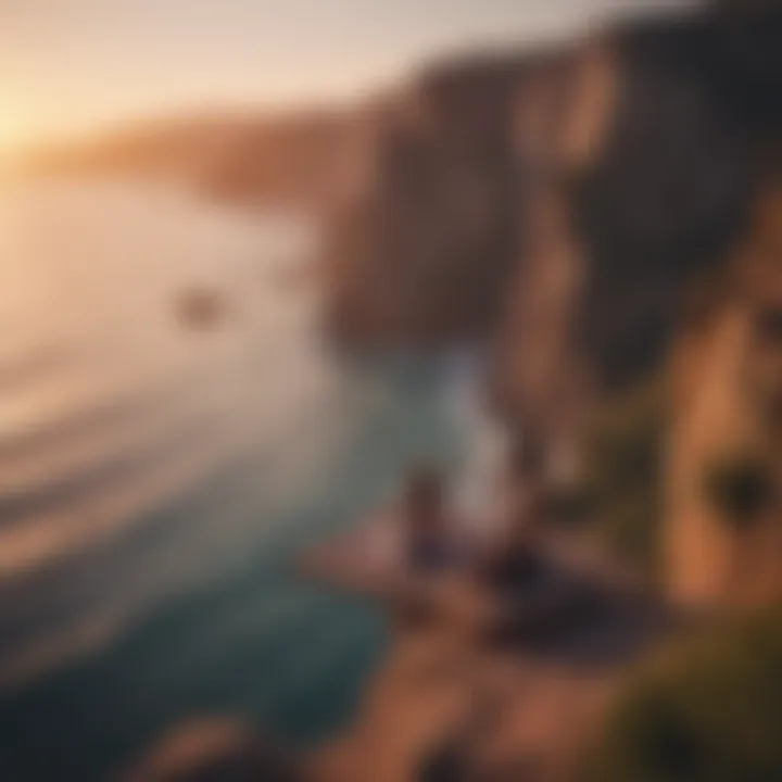 Yoga practice at sunrise on a cliff