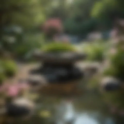 Zen garden with blooming flowers and serene pond